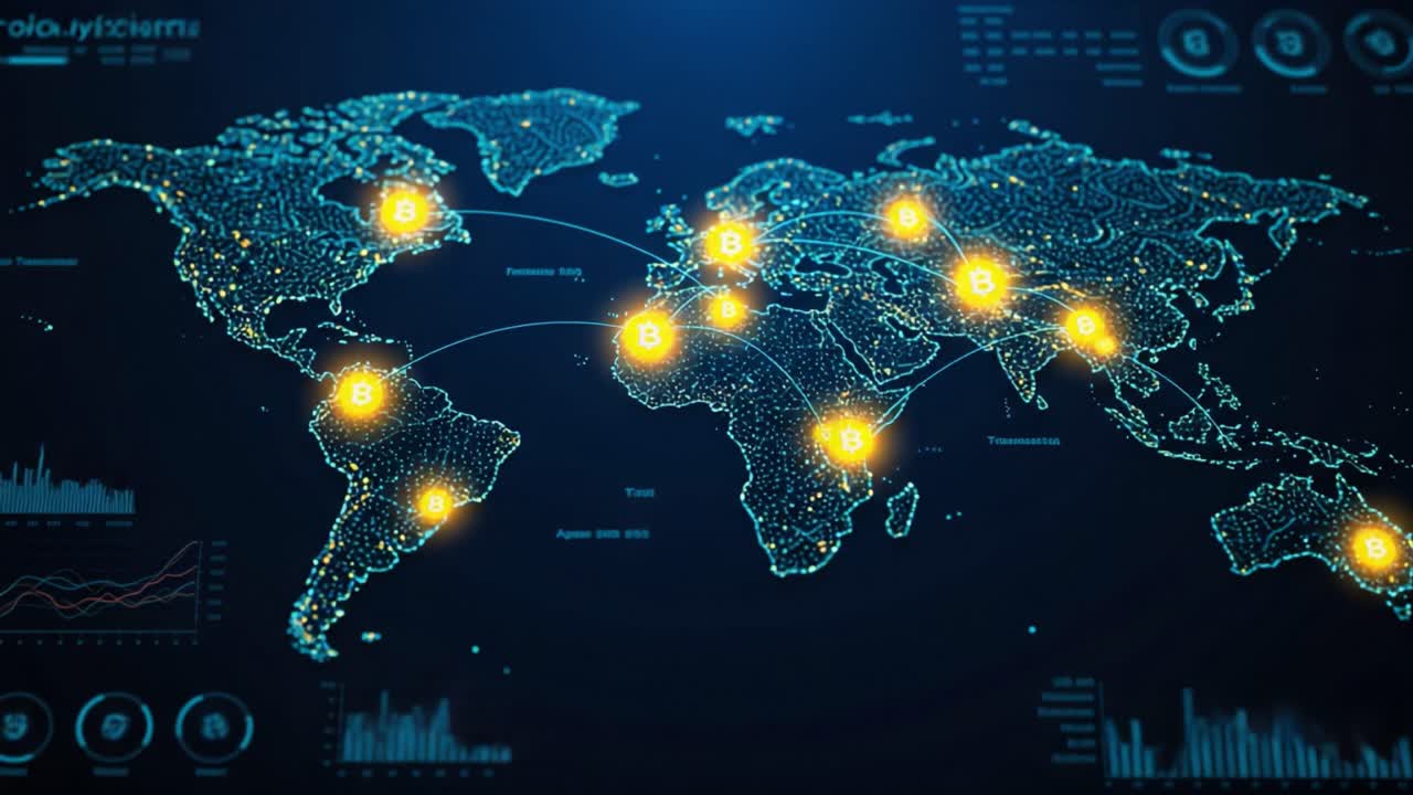 Visualizing Global Cryptocurrency Networks: An Illustrated Bitcoin Financial Map Connecting Major Economic Hubs Across Continents with Precise Data Tracking