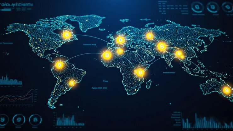 Visualizing Global Cryptocurrency Networks: An Illustrated Bitcoin Financial Map Connecting Major Economic Hubs Across Continents with Precise Data Tracking