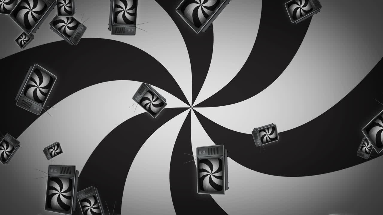 tv에 떨어지는 나선 위에 검은색과 색 선의 나선의 애니메이션