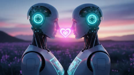 a captivating encounter between two futuristic robots in a serene landscape, illuminated by a glowing heart symbol, symbolizing love and connection in a technological world.