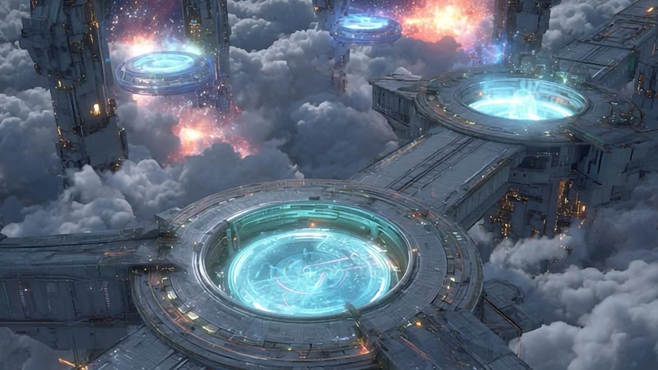 Paesaggio urbano futuristico con piattaforme sospese sopra nuvole vivaci
