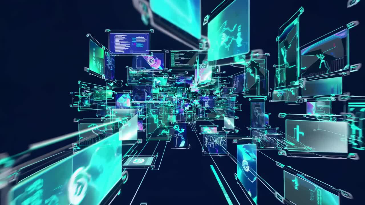 Futuristic digital interface with floating screens in a 3D space