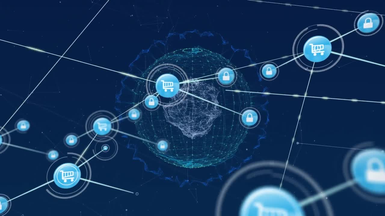 animación de la red de conexiones con iconos de compras en línea en todo el mundo