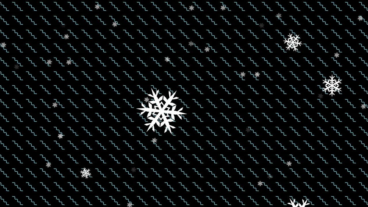 Animation of snow falling over zigzag pattern on black background