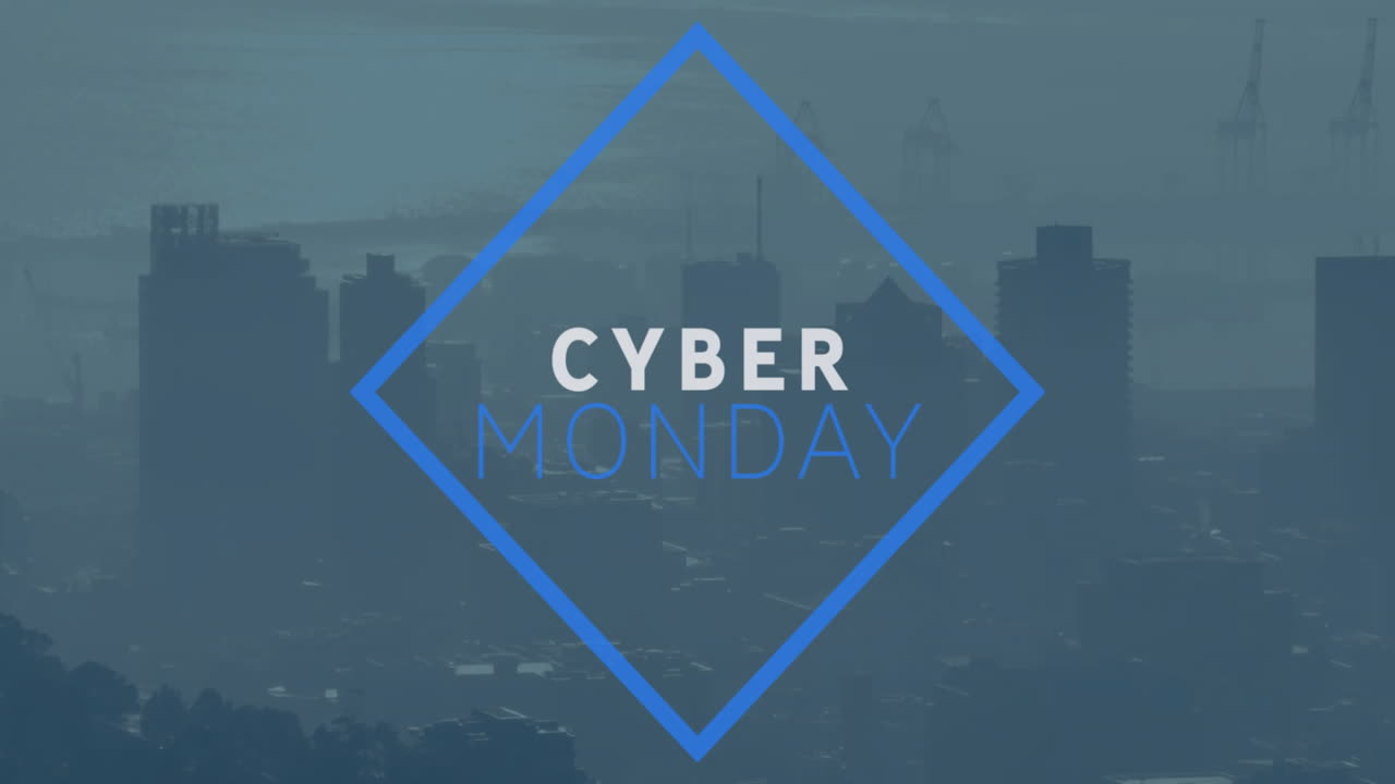 Animation af Cyber Monday tekst med byens skyline og blå diamantbaggrund