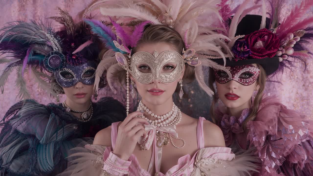 Camera starting filming three women standing still in triangle at sequin backdrop showcasing masks