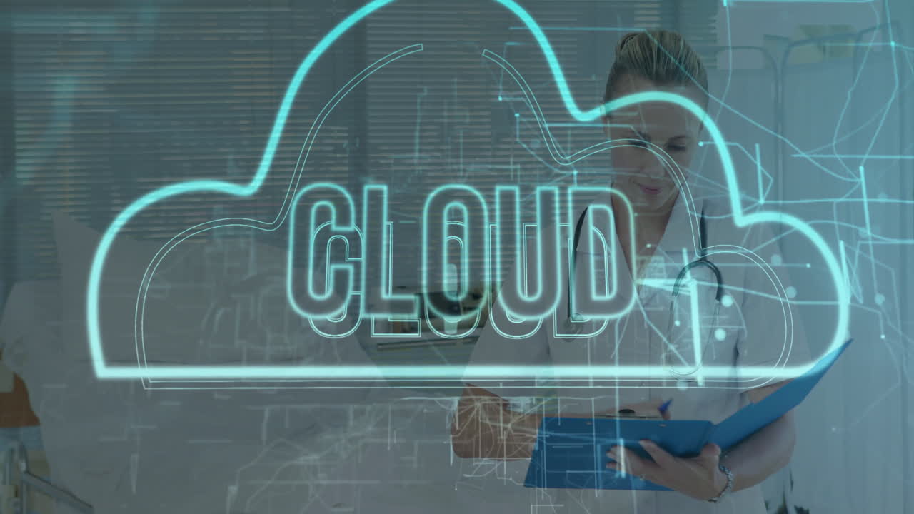 Reviewing documents, healthcare professional using cloud technology animation overlay