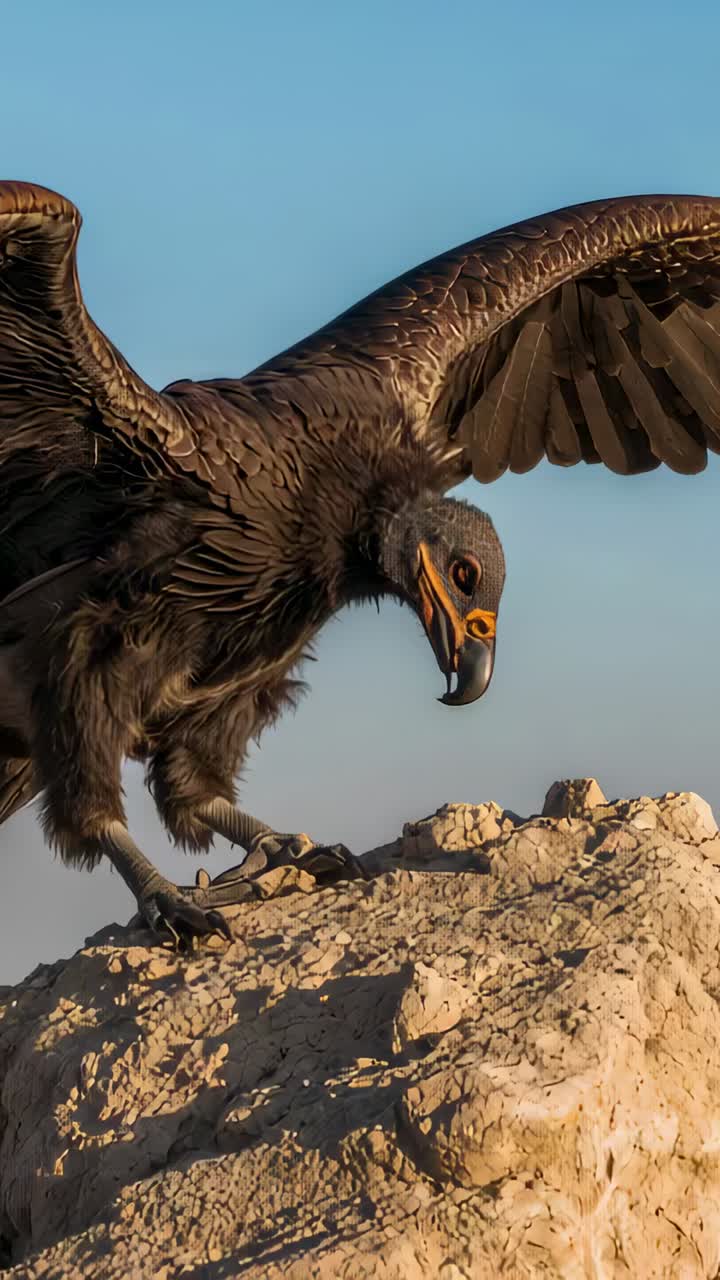 Video verticale: rapace scuro in equilibrio che abbassa la testa su uno sperone roccioso, artigli e ala ben saldi