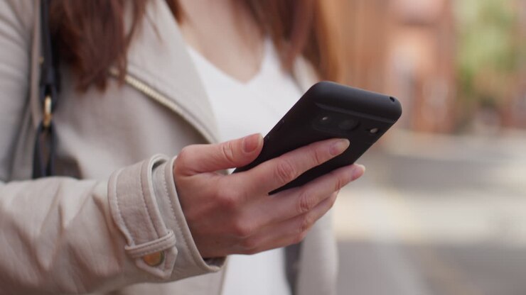 Close Up Shot Of Woman Outdoors On City Street Holding Mobile Phone Looking At Messages Social Media Or News 2