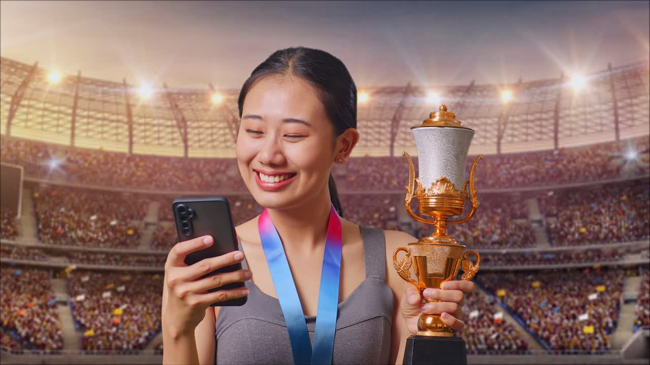 Woman Celebrating Victory with Trophy and Mobile Phone in a Stadium
