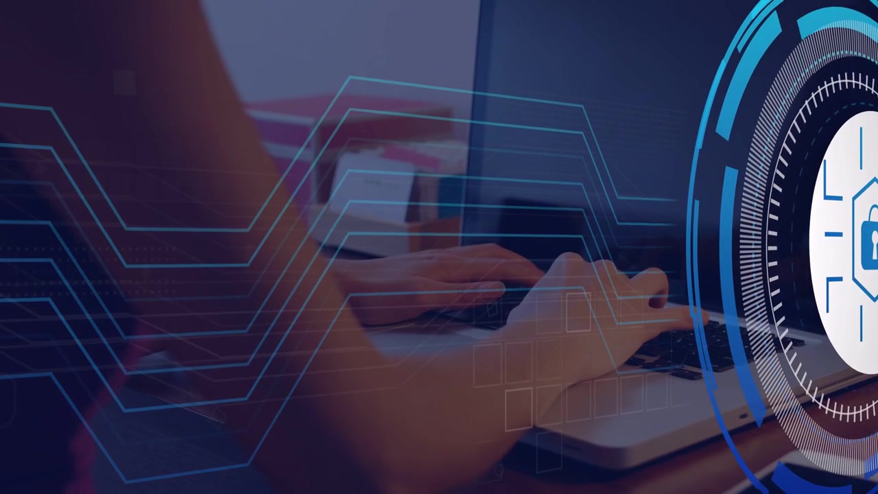 Woman typing on laptop at desk, causing animated security HUD with rotating padlock protecting data