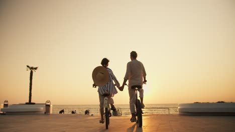 a guy and a girl stop by a beautiful sunny summer beach on bicycles in the summer at dawn. a guy and a girl are driving along the beach and appear in the frame