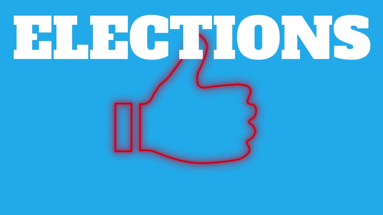 Animation of elections text over like icon on blue background