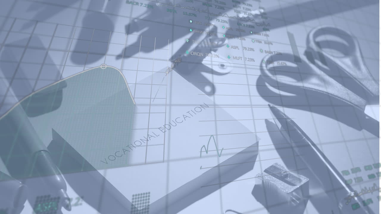 책상 위의 사무실 항목에 대한 금융 데이터 처리의 애니메이션