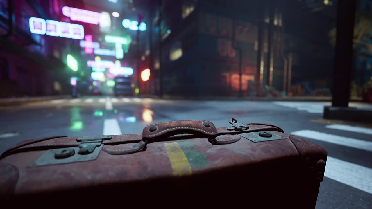 빈티지 가방이 밤에 사이버 크 도시 거리의 한가운데에 앉아 있습니다.