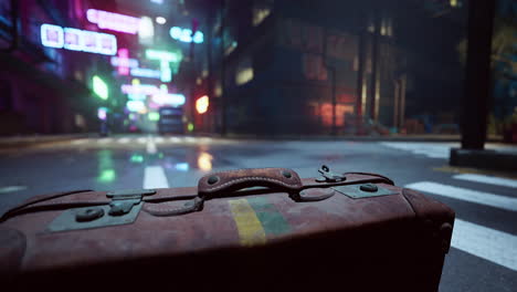 una maleta vintage se sienta en el medio de una calle de la ciudad cyberpunk por la noche