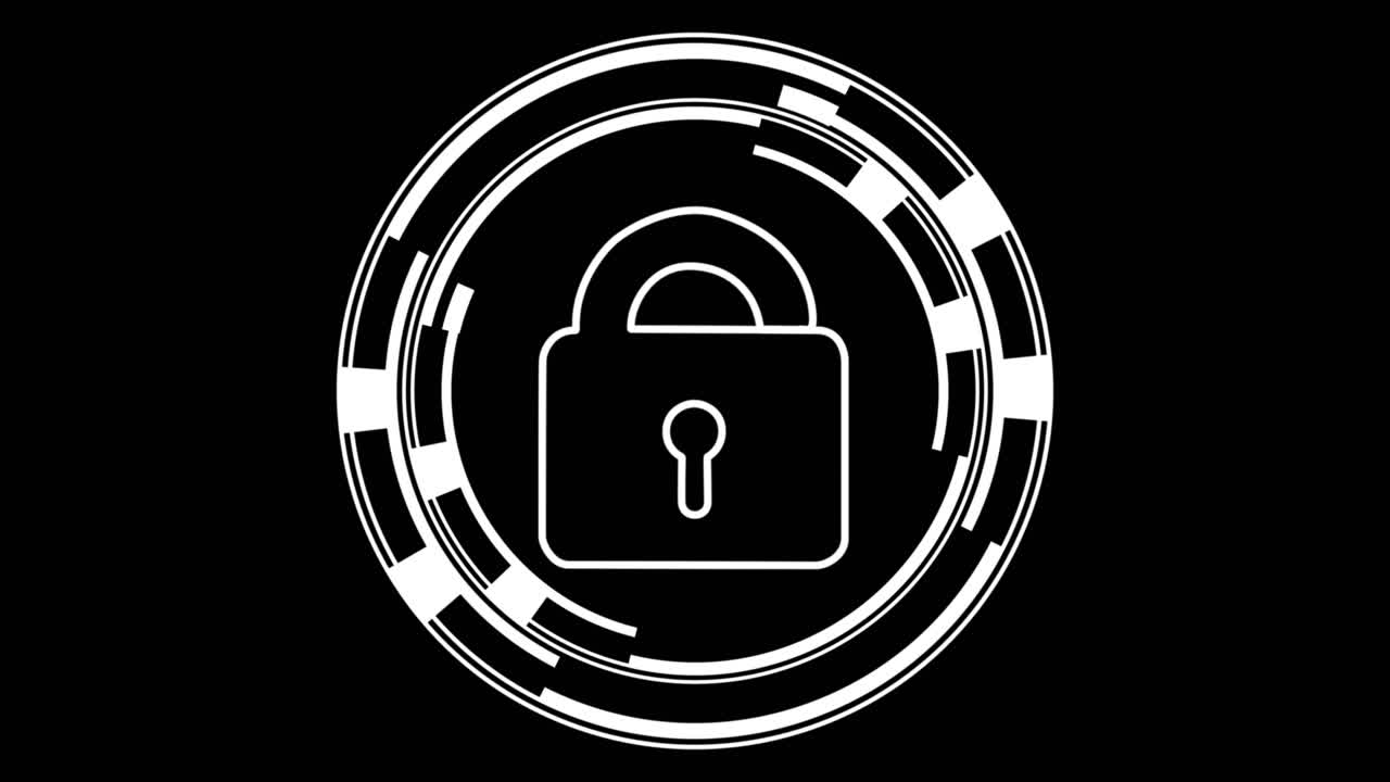 diseño de candado cibernético giratorio circular animado complejo y elegante: el candado se piratea y el candado se abre con un clic: todos los colores blancos