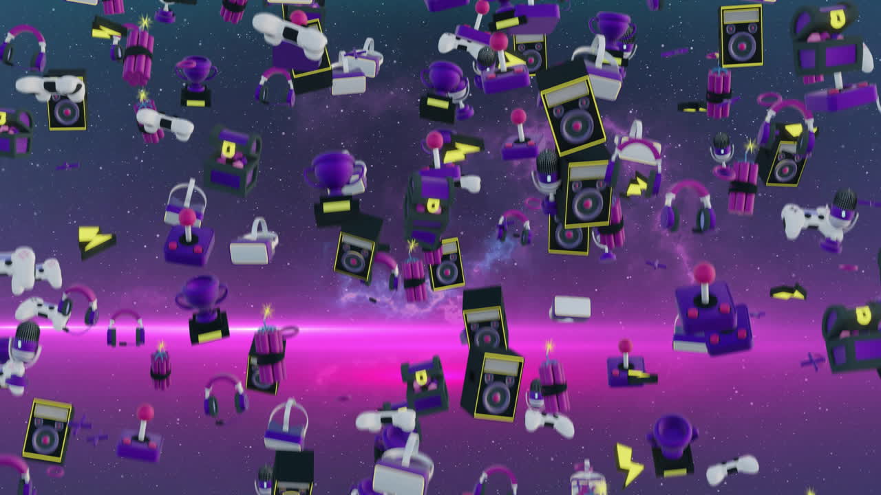 게임 및 음악 아이콘이 공간 위로 떨어지는 애니메이션