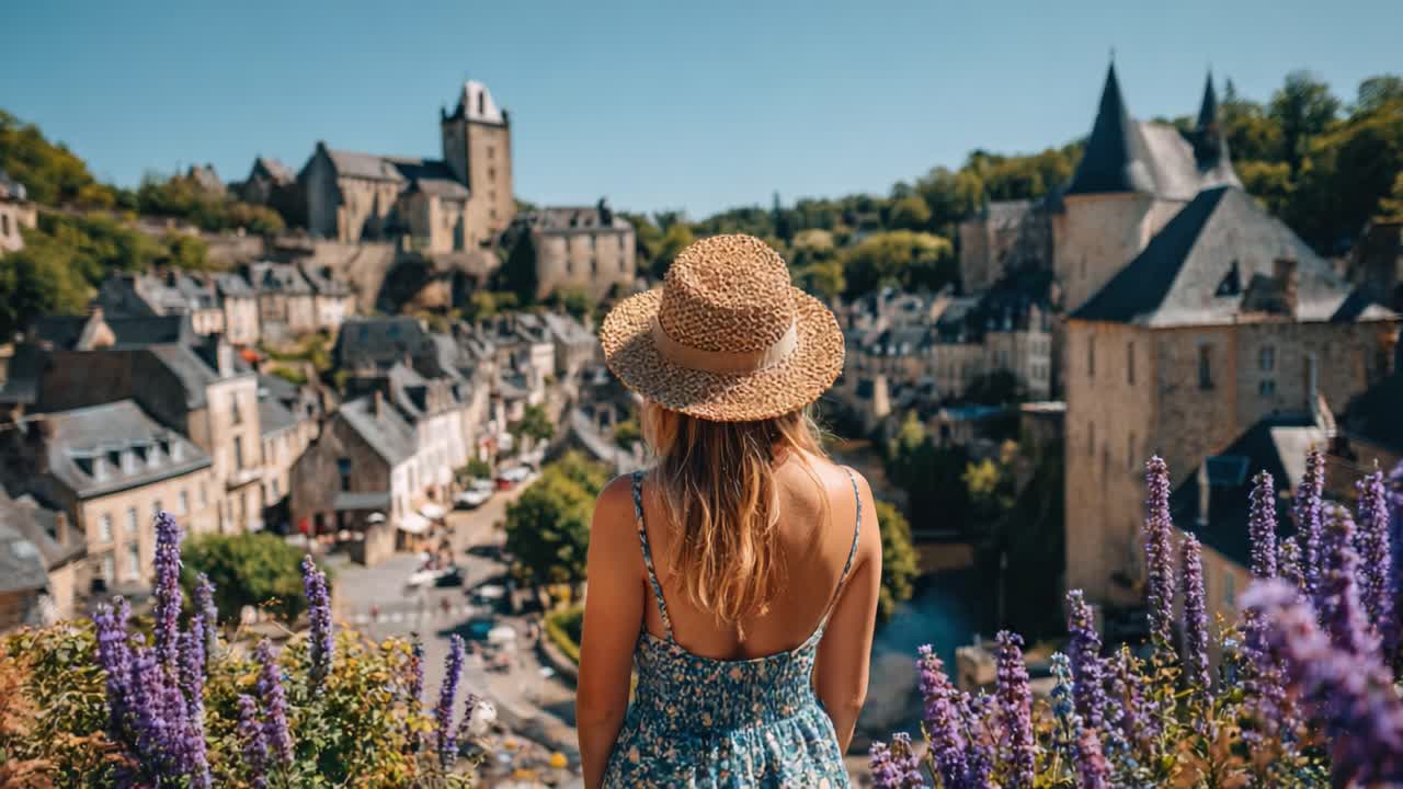 Una vista panoramica dall'alto: cattura la bellezza di un incantevole villaggio con architettura storica e vivaci fiori viola sotto un cielo azzurro.