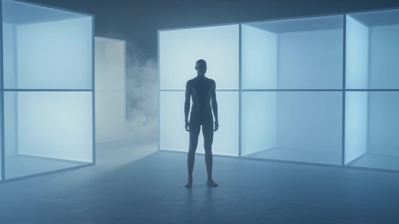 Sagoma maschile in piedi, immobile sul palco dello studio, con nebbia che emerge da una fessura del cubo, creando un'atmosfera cinematografica.