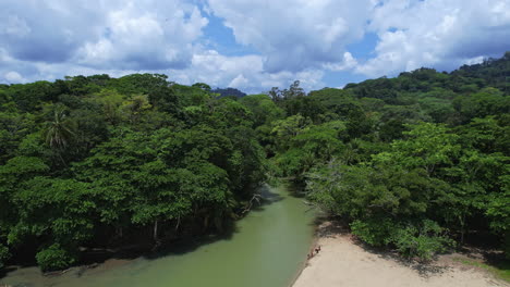 una vista aérea impresionante de los exuberantes bosques verdes de costa rica y el tranquilo río,