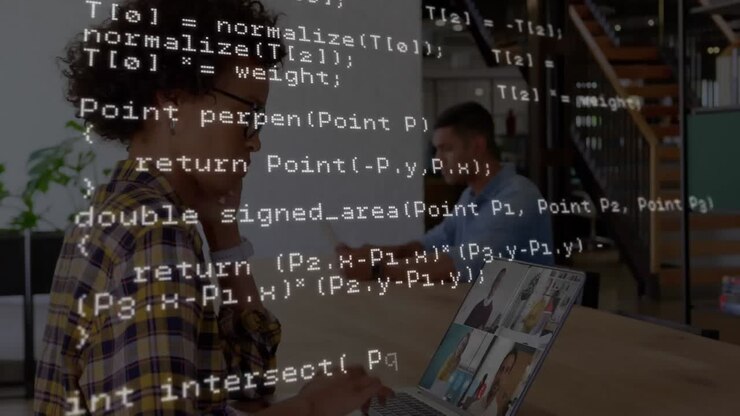 Animation of data processing over woman on laptop video call