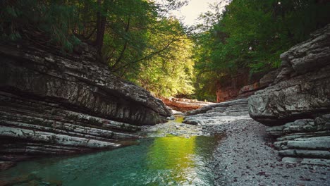 calming cinemagraph of the mountain river canyon taugl in tyrol, austria, close to  mozart birthplace salzburg on a sunny autumn day as seamless video loop. the water is rushing along naturally formed rocks and vibrant colorful autumn trees