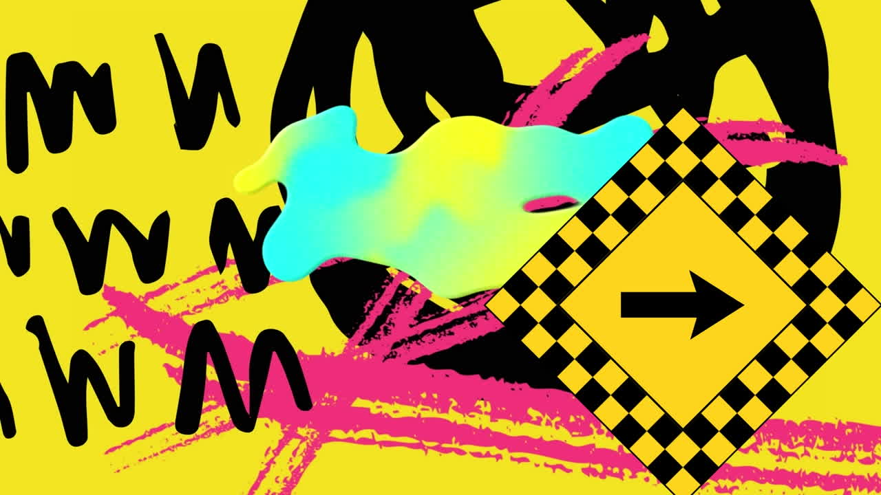 Animazione di un cartello con freccia su forme su sfondo giallo.