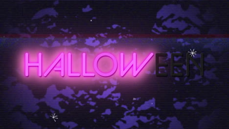 animation of neon halloween text over bats and stars