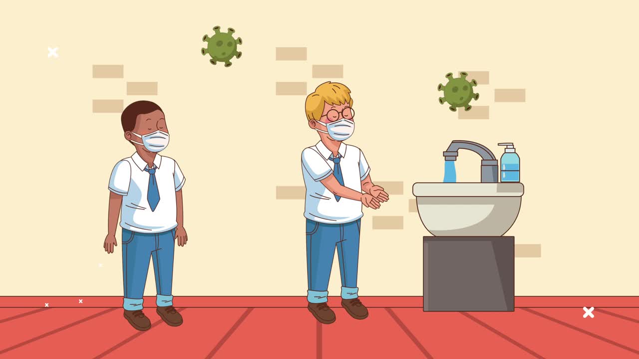 의료 마스크를 착용한 어린 소년 학생들이 손을 고 있습니다.