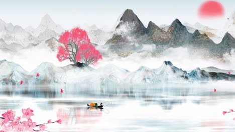 Mysterious-landscape-China's-traditional-Oriental-Digital-Art-animation,-Chinese-retro-painting-ink-misty-mountain-with-flowers,-tree,-birds,-river-in-fog-background