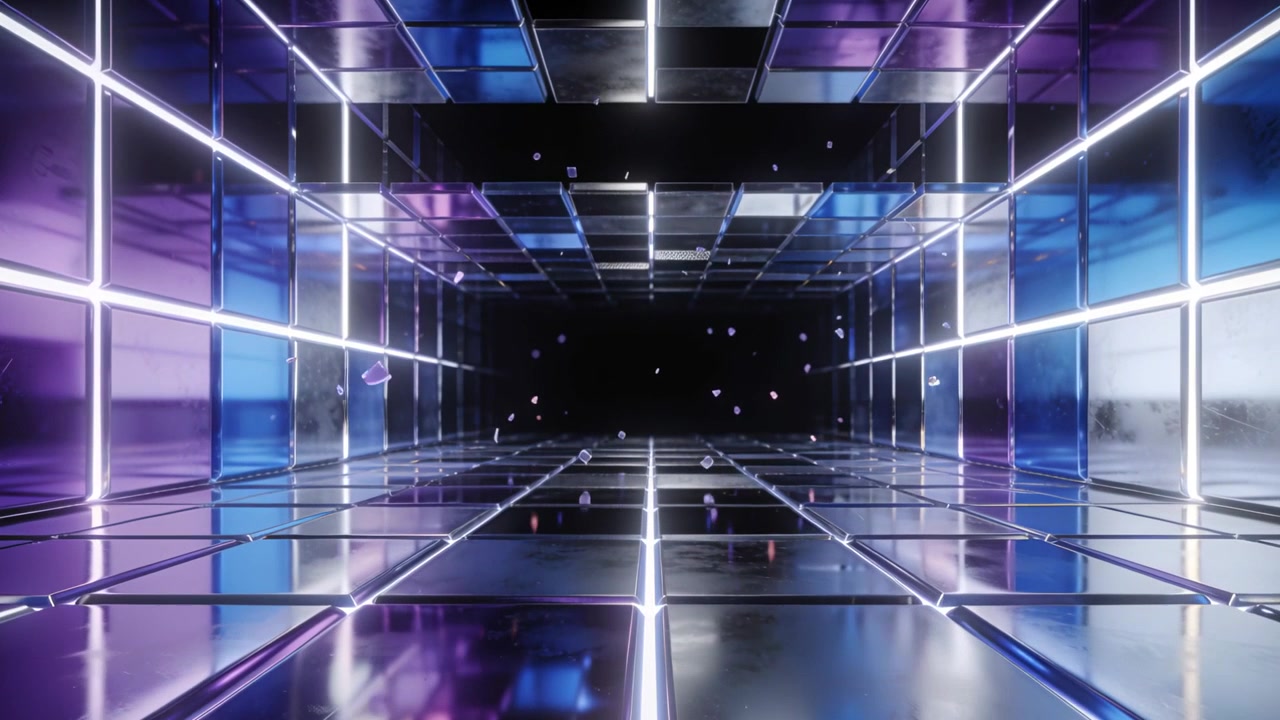 Corridoio a griglia neon che avanza, soffitto a specchio che si sposta con frammenti verso il vuoto mentre la telecamera si muove.
