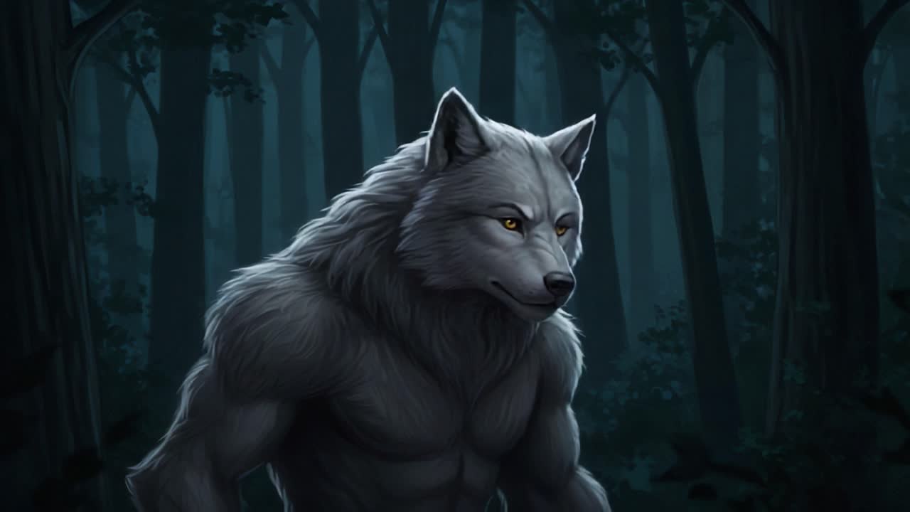 A Majestic Werewolf Emerges from the Shadows, Exuding Power and Strength Amidst the Enigmatic Forest, Combining Grace and Ferocity in an Enchanting Dark Fantasy Setting