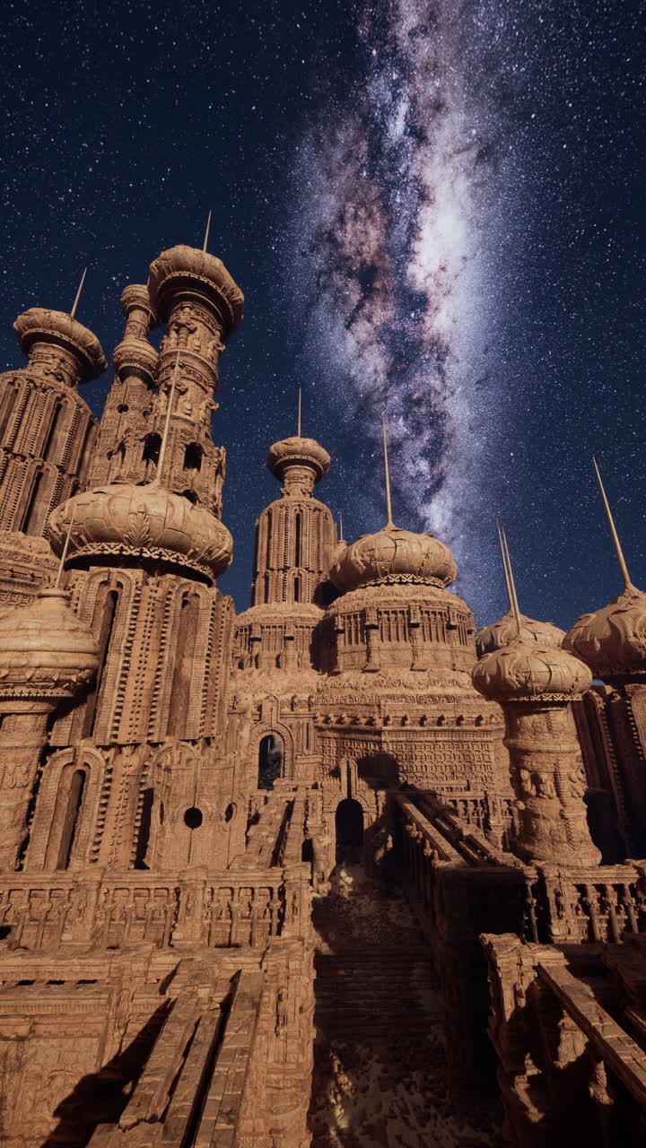 un majestuoso palacio de piedra bajo un cielo estrellado