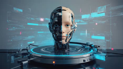 artificial intelligence cyborg head on futuristic digital platform