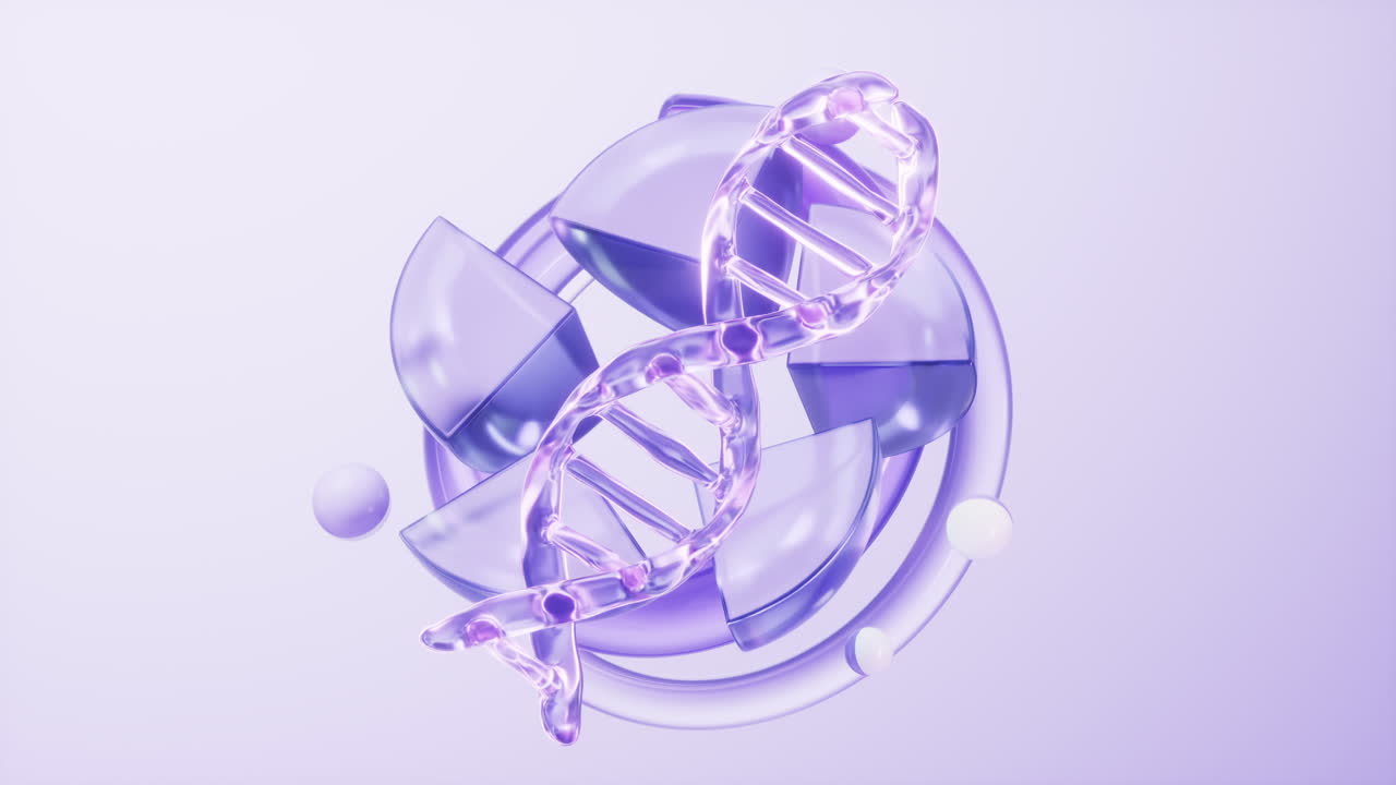 생물학적 dna와 보라색 유리 배경, 3d 렌더링