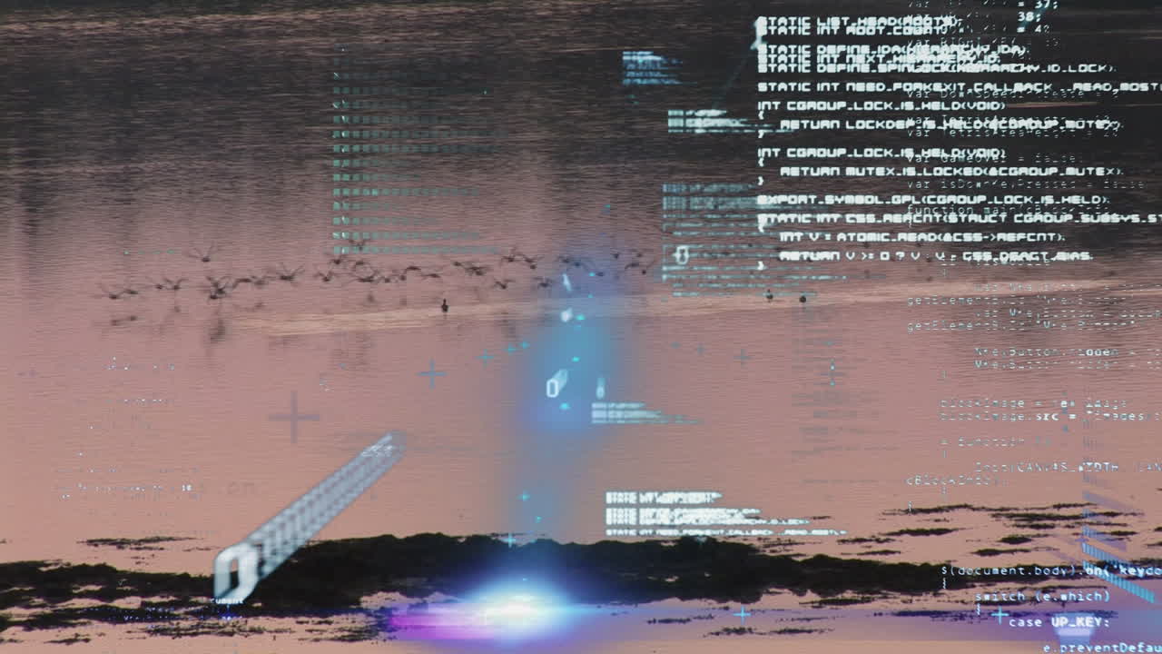 animación de lenguaje informático y patrones abstractos que se mueven contra el paisaje marino al atardecer