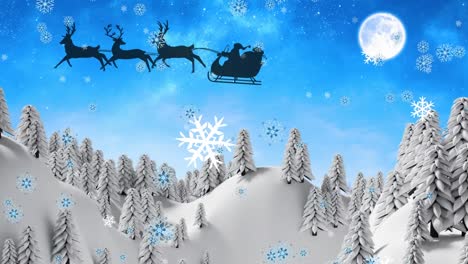 Snowflakes-falling-against-santa-claus-in-sleigh-being-pulled-by-reindeers-over-winter-landscape