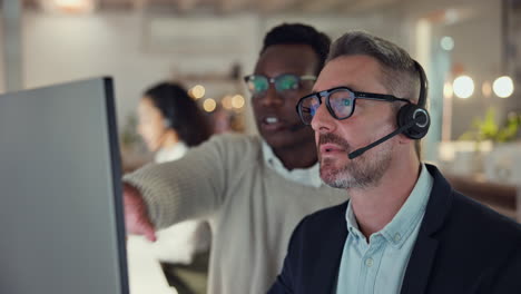 call center, manager and training man at computer