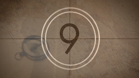 animation of countdown from fifteen to zero over vintage compass and world map