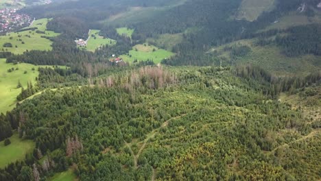 Forward-drone-shot,-with-a-slight-vertical-pan,-over-a-mountain-valley-in-Tatras,-Slovakia,-Europe