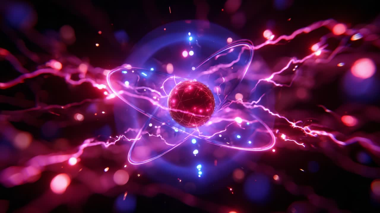 A Stunning Visual Representation of Atomic Energy Displaying Vibrant Colors, Dynamic Electrons, and Striking Electrical Currents Interacting in a Lively Quantum Environment, Capturing the Essence of Fundamental Physics
