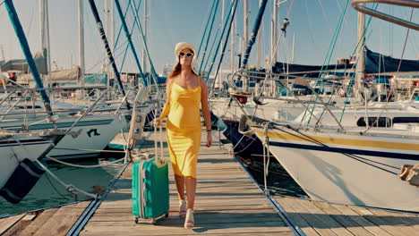 Yacht-travel,-luggage-and-wind-with-a-woman