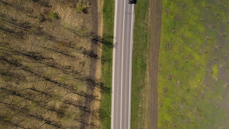 cistern truck on the road, aerial shot from top down perspective