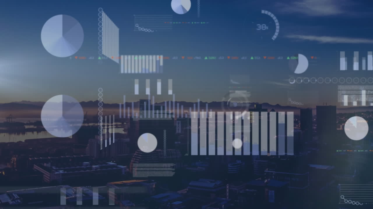 Animation of data processing over cityscape