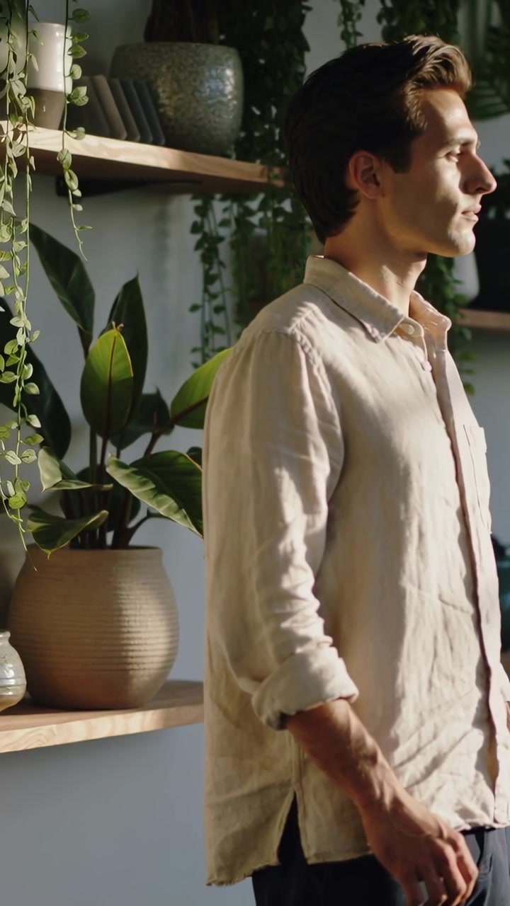 Video verticale: Uomo in camicia di lino che respira, aggiustando la postura a casa, con scaffali di piante e spazio per il testo.