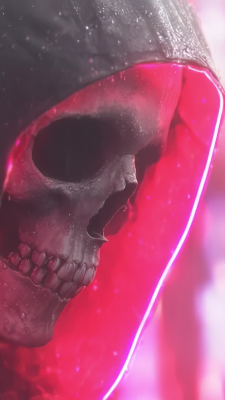 A hauntingly captivating depiction of a skull clad in a dark hood, illuminated by vibrant neon accents, set against a backdrop of flowing rain, evoking a sense of mystery and intrigue