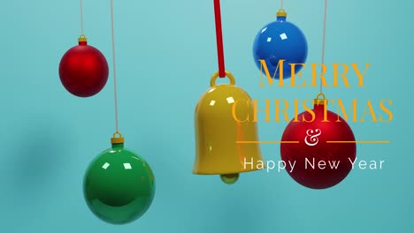 Animation-of-christmas-greetings-text-over-christmas-baubles-on-blue-background