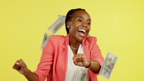 Raining-money,-dance-and-happy-woman-winning-lotto