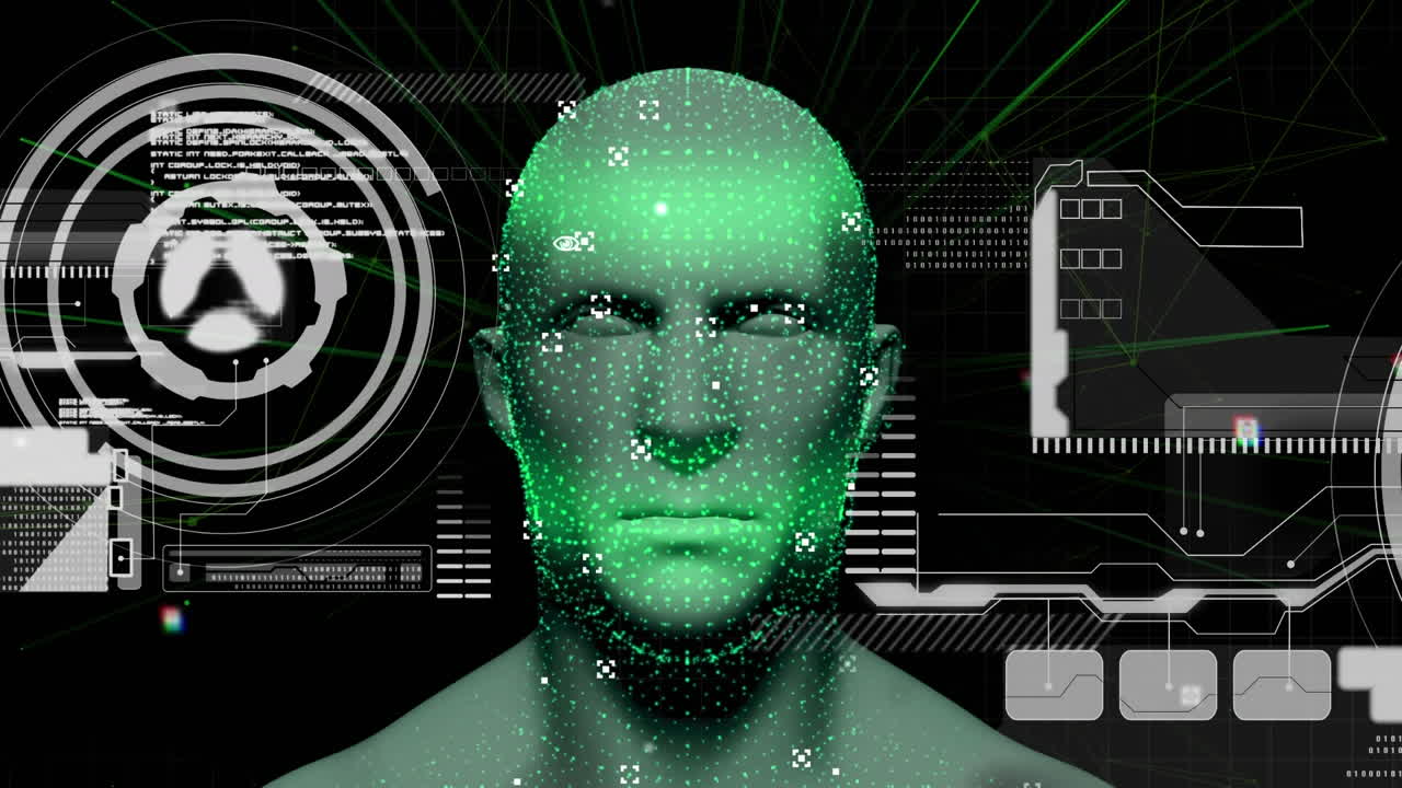 Animation of human head glowing with digital interface data processing